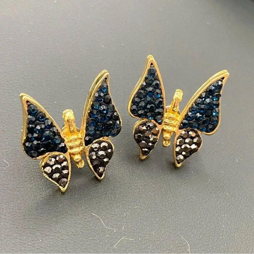 Pave Black and Gunmetal Grey Butterfly Pierced Gold Earrings